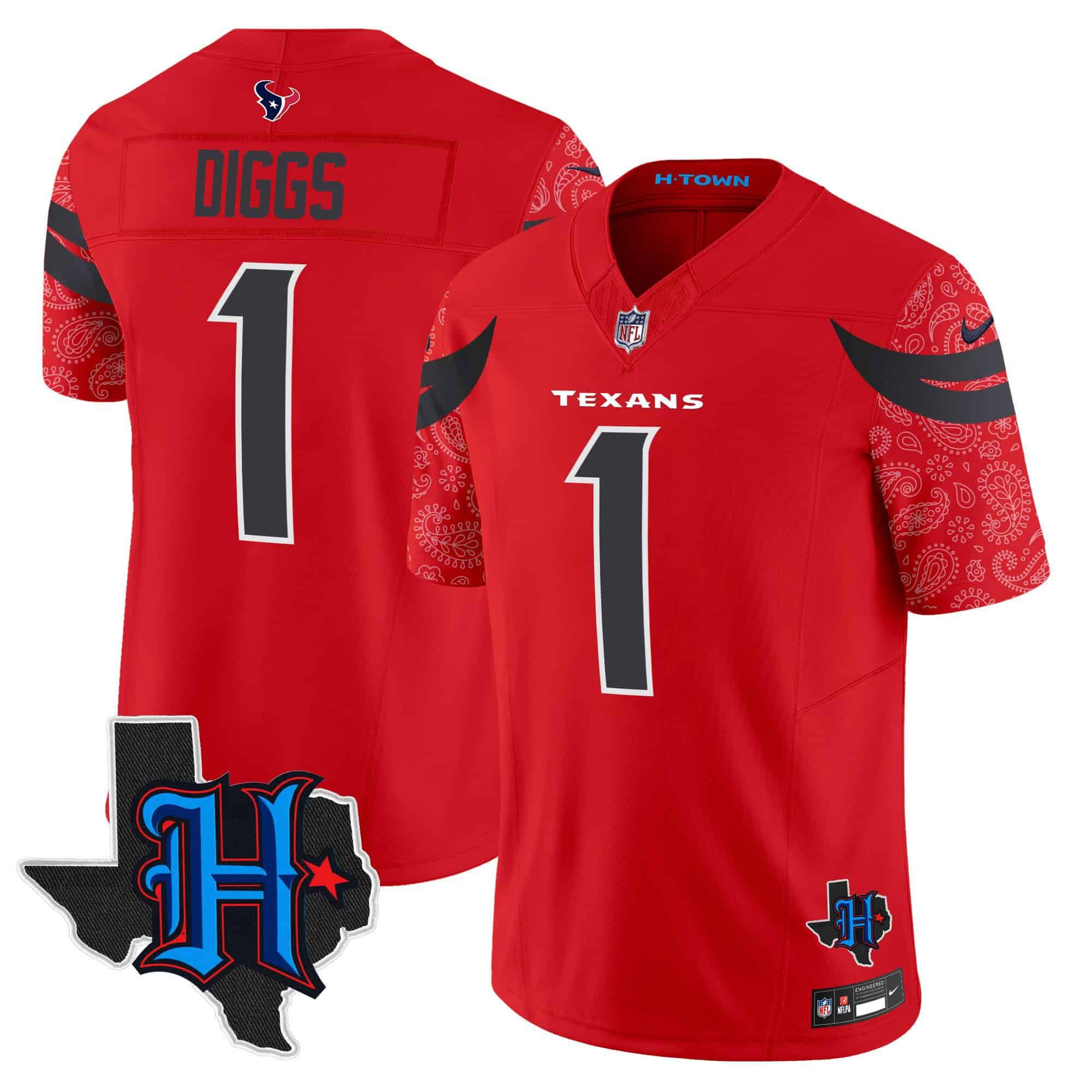 Men Houston Texans 1 Diggs Red 2024 Nike Texas Patch Vapor Limited NFL Jersey
